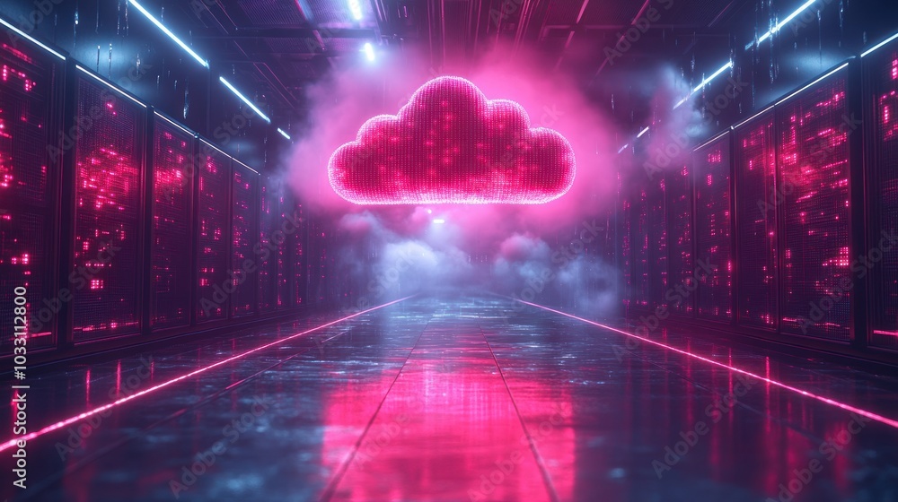 A futuristic data center with a glowing cloud symbol, emphasizing technology and connectivity. A futuristic data center with a glowing cloud symbol, emphasizing technology and connectivity.