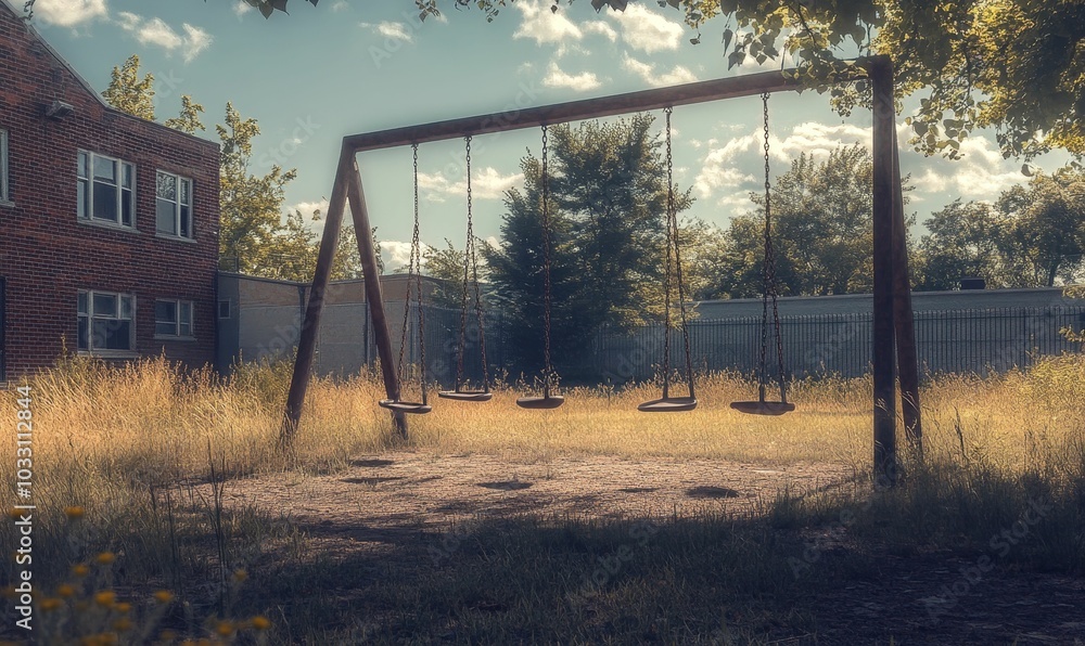 Fototapeta premium Empty swing set in overgrown backyard.