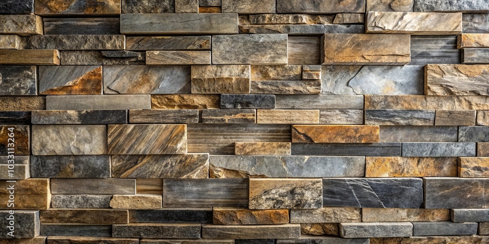 A wall of multicolored rectangular stones, arranged in a pattern of horizontal rows, with varying widths and depths, showcasing the natural texture and variation in the stone's surface A wall of multicolored rectangular stones, arranged in a pattern of horizontal rows, with varying widths and depths, showcasing the natural texture and variation in the stone's surface