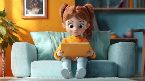Wallpaper Mural Cute Cartoon Girl Using Tablet on Sofa. Torontodigital.ca