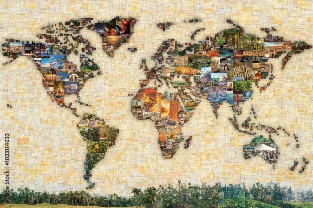 Naklejka premium A mosaic world map created from thousands of small photos, with each country composed of images representing its culture, nature, and landmarks
