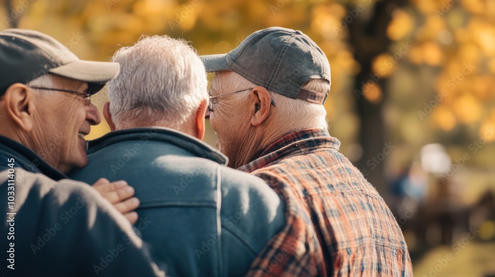A group of mature men at a reunion, hugging and catching up after years, reliving old memories and creating new ones