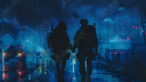 Two soldiers walk through a neon-lit, rain-soaked city at night, their silhouettes blending into the moody, dystopian atmosphere.