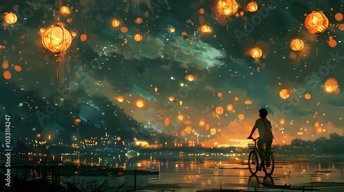 A person on a bicycle gazes at glowing lanterns floating in the sky, illuminating a calm lakeside during a peaceful evening.