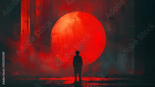 A solitary figure stands in front of a colossal glowing red portal, surrounded by an intense, surreal atmosphere of mystery and intrigue.
