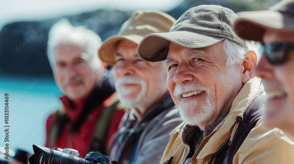 A group of older men traveling together, enjoying a sightseeing adventure, capturing the excitement and joy of senior friendships and exploration A group of older men traveling together, enjoying a sightseeing adventure, capturing the excitement and joy of senior friendships and exploration