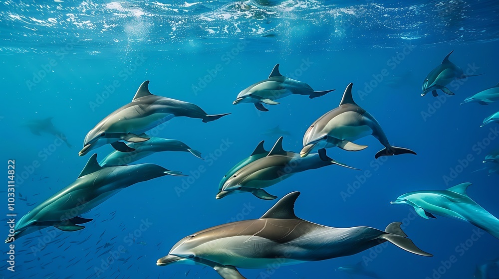 A school of dolphins swimming in the open ocean A school of dolphins swimming in the open ocean
