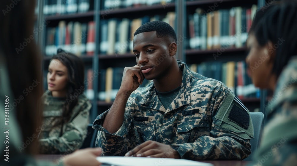 A group of veteran students discussing coursework in a college library, using their military scholarships to further their education A group of veteran students discussing coursework in a college library, using their military scholarships to further their education