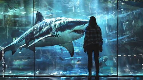 A person stands in front of an aquarium tank, watching a large shark swim up close, illuminated by the blue underwater light.