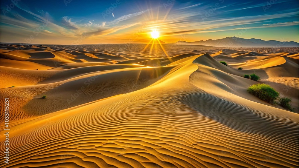 Naklejka premium Golden Sands of the Desert at Sunset, a Scenic Display of Rippling Dunes and a Glowing Horizon