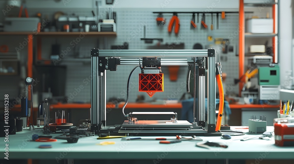 3D Printer Creating a Geometric Red Object in a Workshop 3D Printer Creating a Geometric Red Object in a Workshop