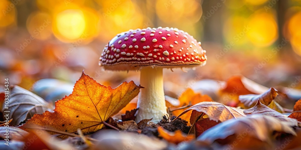 A Single Red Mushroom Stands Tall Among Autumn Leaves, Its White Spots Reflecting the Golden Light Filtering Through the Trees A Single Red Mushroom Stands Tall Among Autumn Leaves, Its White Spots Reflecting the Golden Light Filtering Through the Trees