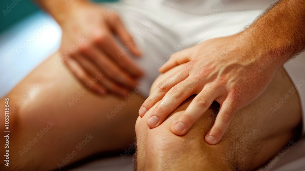 A male client receiving a leg pain relief massage from a professional masseur, focusing on deep tissue techniques to alleviate discomfort A male client receiving a leg pain relief massage from a professional masseur, focusing on deep tissue techniques to alleviate discomfort