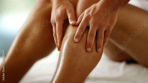 A male client receiving a leg pain relief massage from a professional masseur, focusing on deep tissue techniques to alleviate discomfort photo