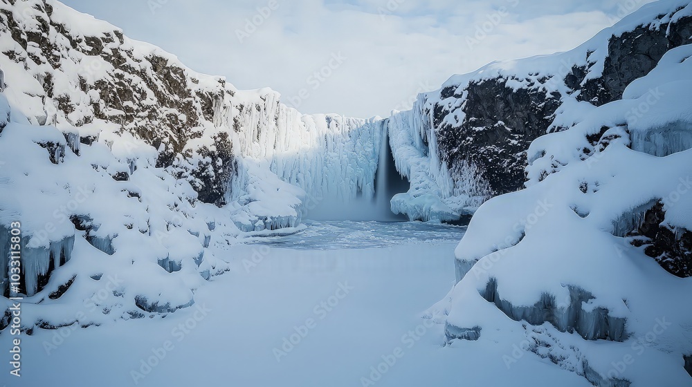 A frozen waterfall cascades down a snowy cliff face, creating a beautiful winter landscape. A frozen waterfall cascades down a snowy cliff face, creating a beautiful winter landscape.