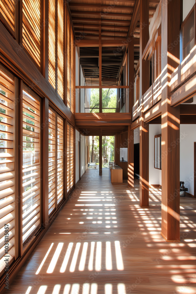 Modern wooden interior with sunlight patterns Modern wooden interior with sunlight patterns