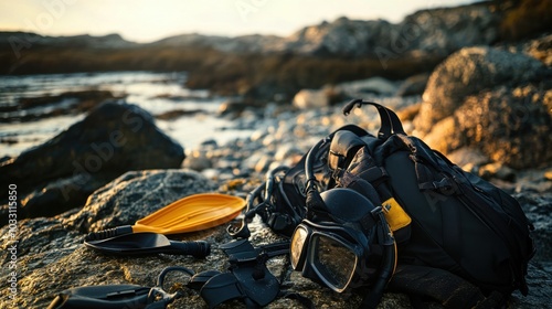 Elegant setup of deep-sea diving gear on a rocky shore, including mask, fins, and wetsuit. Highlighting adventure and excitement of underwater exploration. Ideal for travel content.