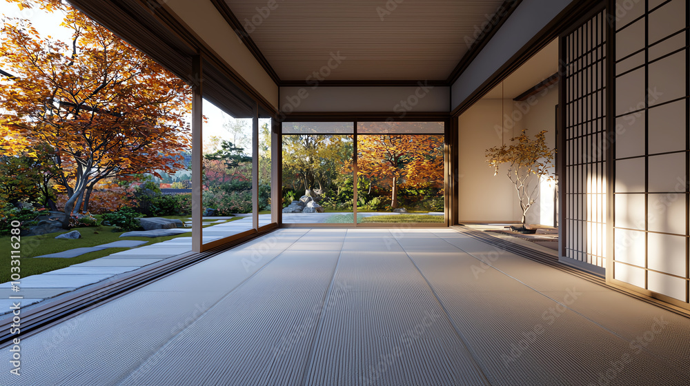 Serene interior with sliding doors and garden view Serene interior with sliding doors and garden view
