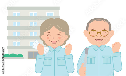 作業着を着たシニアの清掃スタッフ