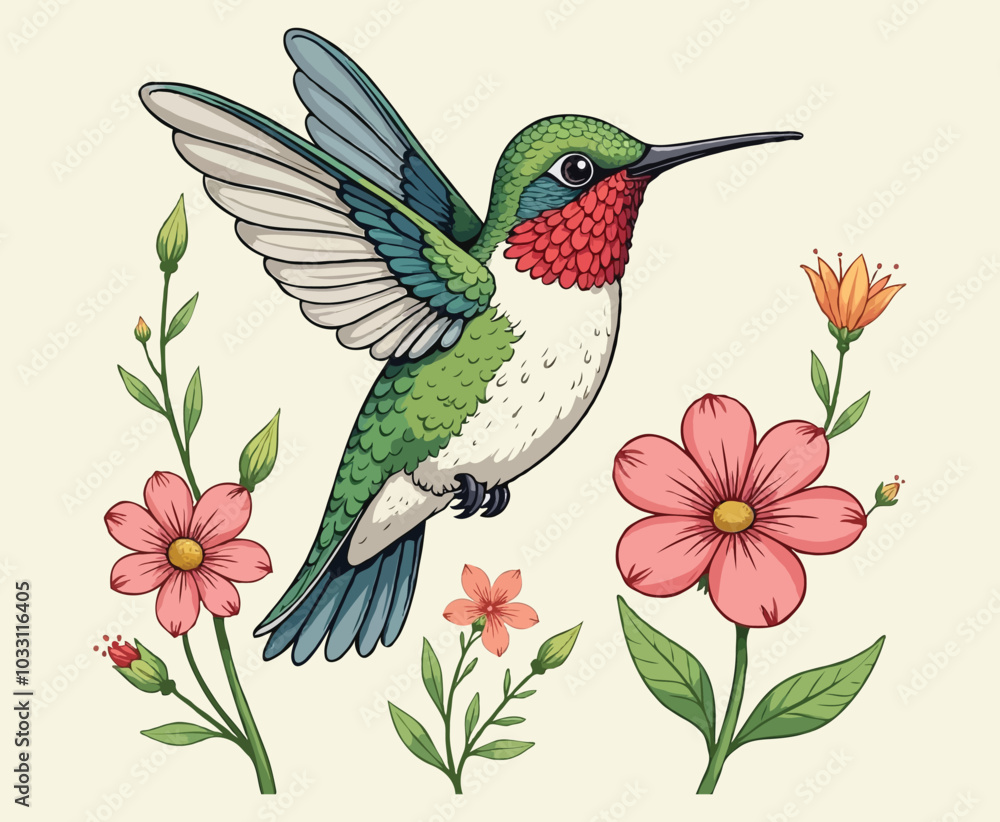 Fototapeta premium Cute hummingbird flowers Cartoon Color For Kids