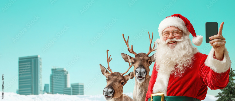 Santa Claus takes a festive selfie with two reindeer in a snowy cityscape, celebrating the holiday spirit. Santa Claus takes a festive selfie with two reindeer in a snowy cityscape, celebrating the holiday spirit.