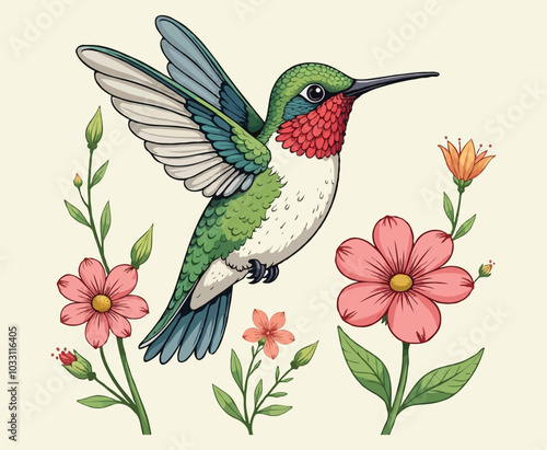 Cute hummingbird flowers Cartoon Color For Kids