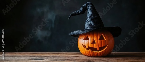 orange pumpkin and witch hat on wooden table halloween background photo