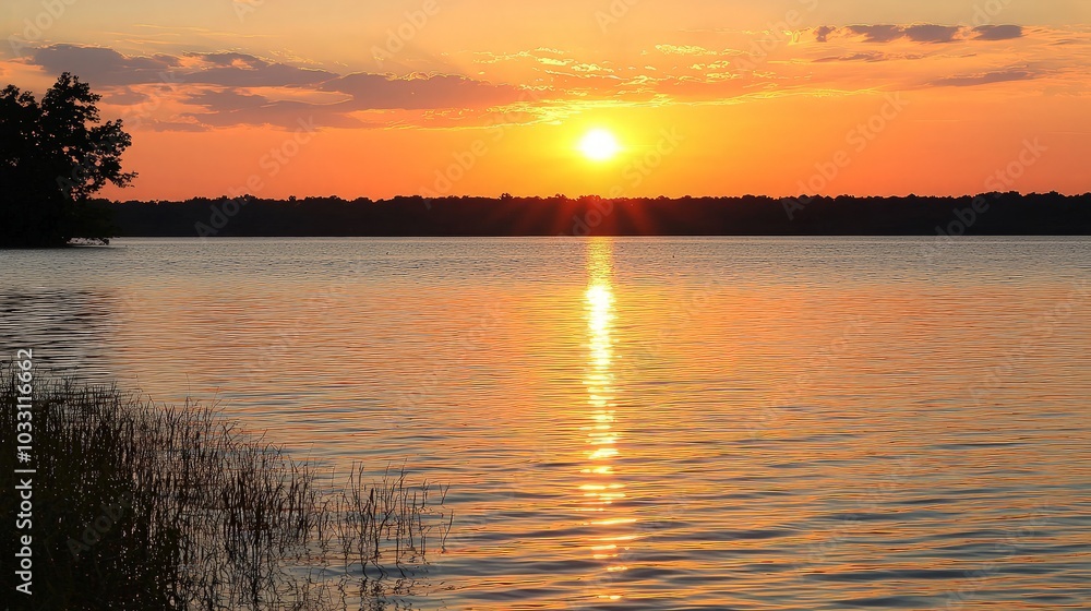 Fototapeta premium A vibrant orange sunset casts a warm glow over a still lake. The sun is sinking below the horizon, creating a beautiful reflection on the water.