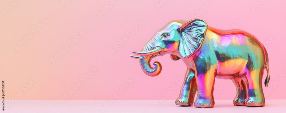 Fototapeta premium Colorful iridescent elephant sculpture on pink background