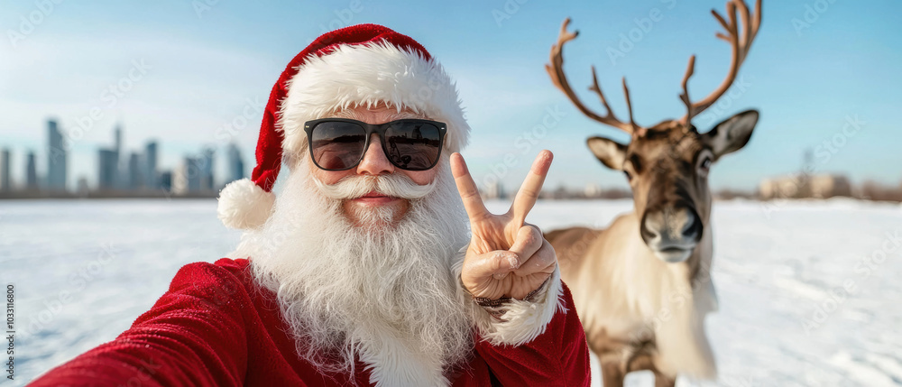 A joyful Santa Claus in sunglasses poses for a selfie with a reindeer against a snowy city backdrop. A joyful Santa Claus in sunglasses poses for a selfie with a reindeer against a snowy city backdrop.