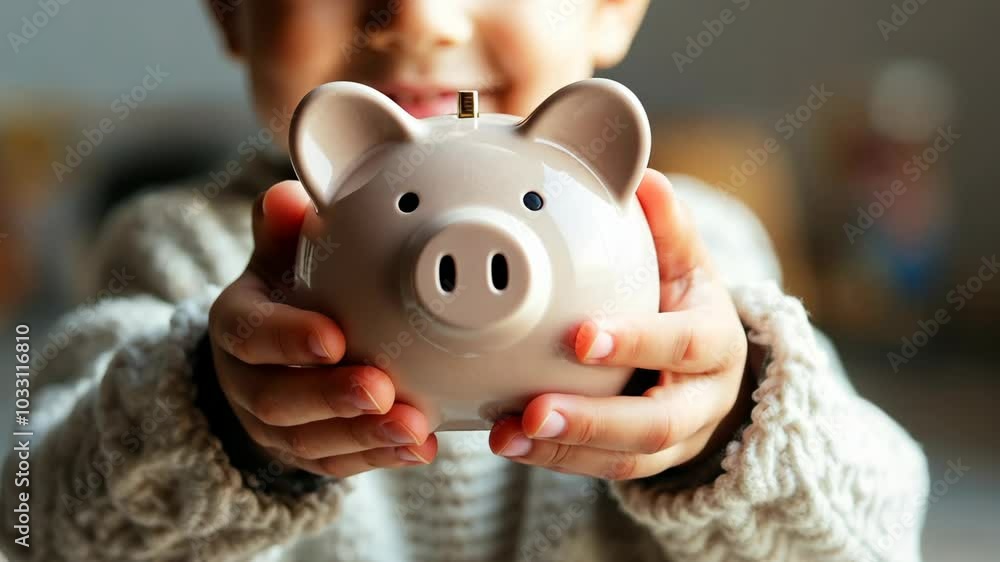 A young child holds a piggy bank in their hands A young child holds a piggy bank in their hands