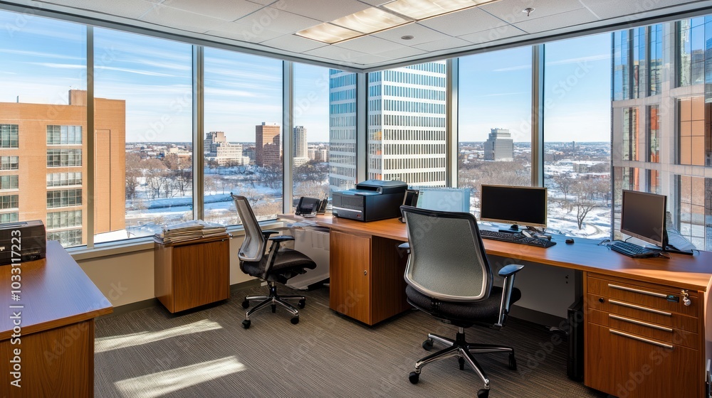 Modern Office with City View and Two Workstations Modern Office with City View and Two Workstations