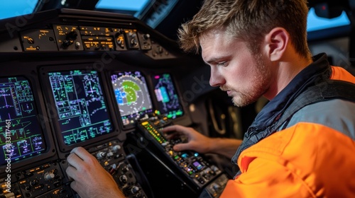 A professional aircraft technician conducting a final safety check on the cockpit avionics systems before flight