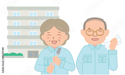 作業着を着たシニアの清掃スタッフ