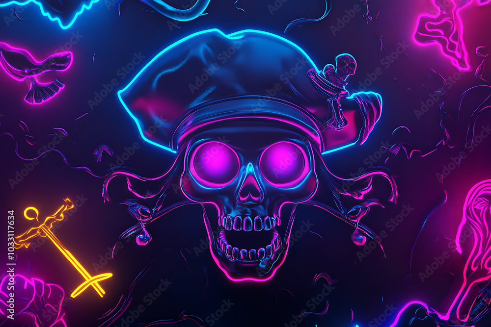 A vibrant neon skull with a pirate hat, surrounded by thematic elements. A vibrant neon skull with a pirate hat, surrounded by thematic elements.