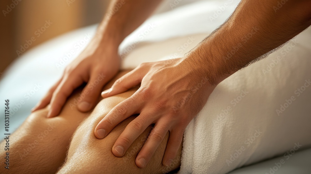 A professional masseur giving a deep tissue leg massage to a male client, focusing on muscle relaxation and pain relief in a calm, therapeutic setting A professional masseur giving a deep tissue leg massage to a male client, focusing on muscle relaxation and pain relief in a calm, therapeutic setting