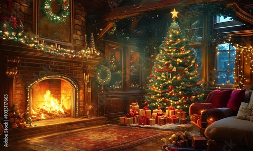 Wallpaper Mural A cozy Christmas scene featuring a decorated tree, gifts, and a warm fireplace. Torontodigital.ca