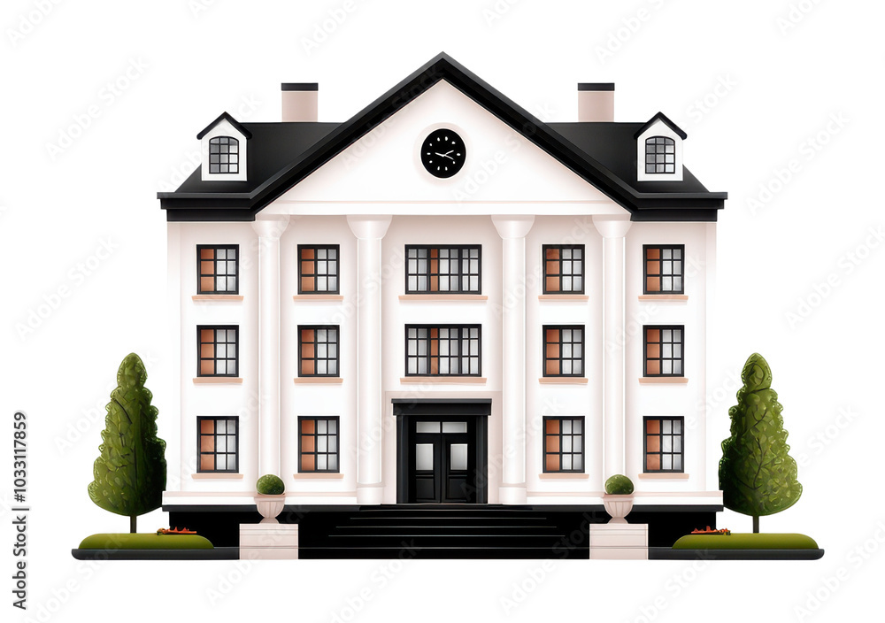 Classic white house with columns and garden Classic white house with columns and garden