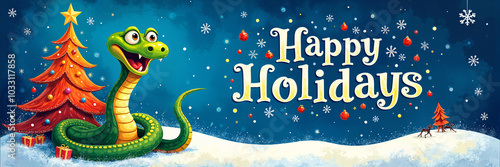 Festive holiday greeting card with a cartoon snake and Christmas trees, featuring the text Happy Holidays at the top.