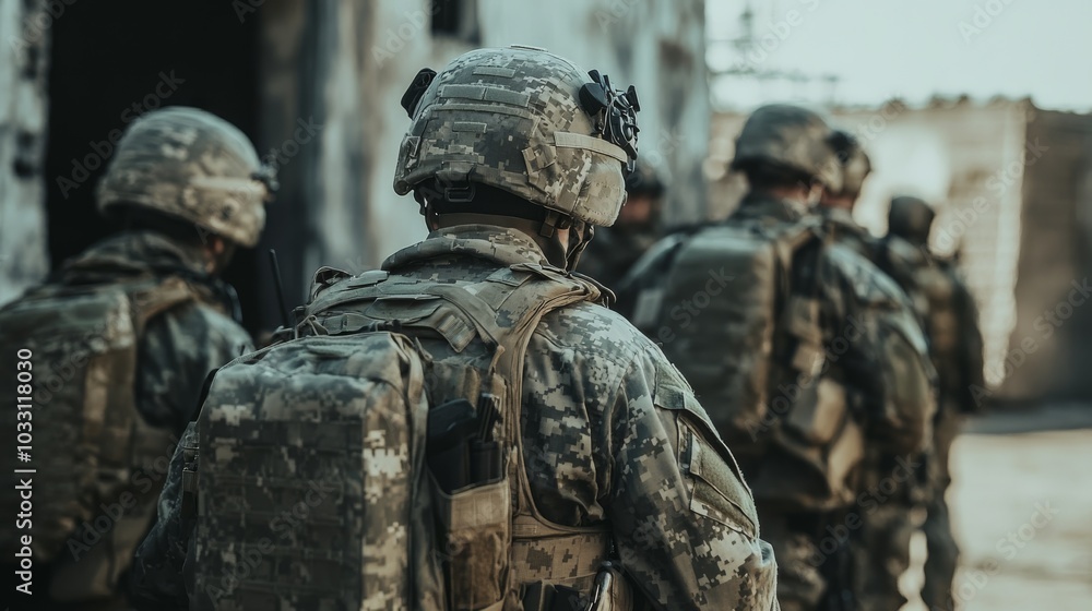 Soldiers in military gear move cautiously through an abandoned area, showcasing teamwork and readiness in a tactical environment. Soldiers in military gear move cautiously through an abandoned area, showcasing teamwork and readiness in a tactical environment.