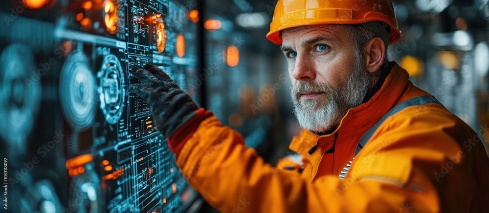 A focused worker in an orange uniform interacts with a digital control panel. A focused worker in an orange uniform interacts with a digital control panel.