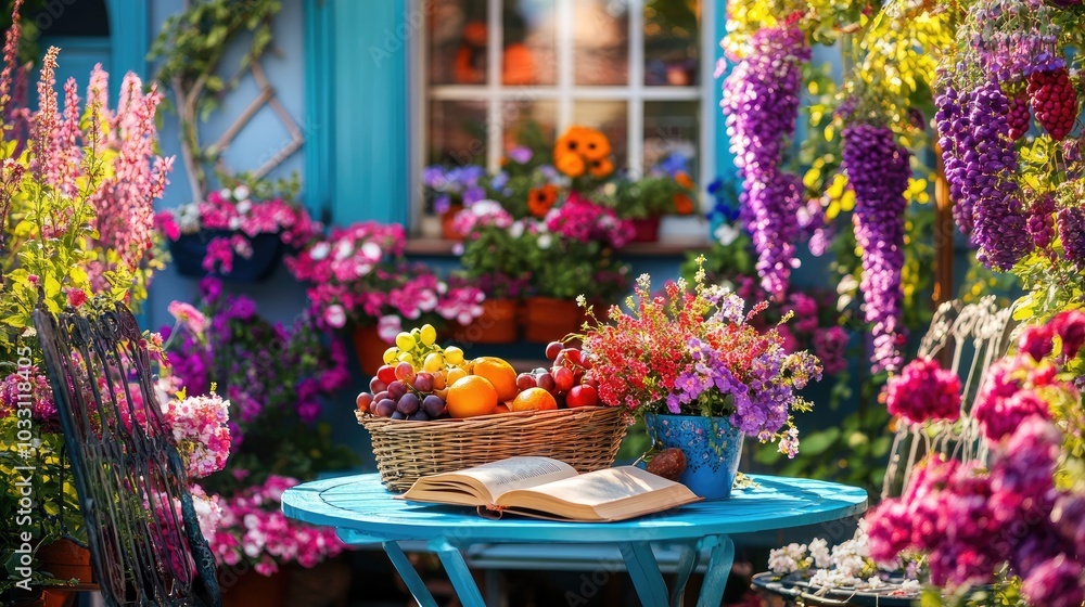 A sunny garden scene with a basket of summer fruits and an open book resting on a chair, representing leisure and nature bounty. A sunny garden scene with a basket of summer fruits and an open book resting on a chair, representing leisure and nature bounty.