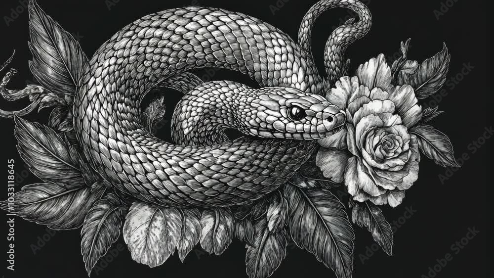 A detailed black and white drawing of a snake winding around a rose A detailed black and white drawing of a snake winding around a rose