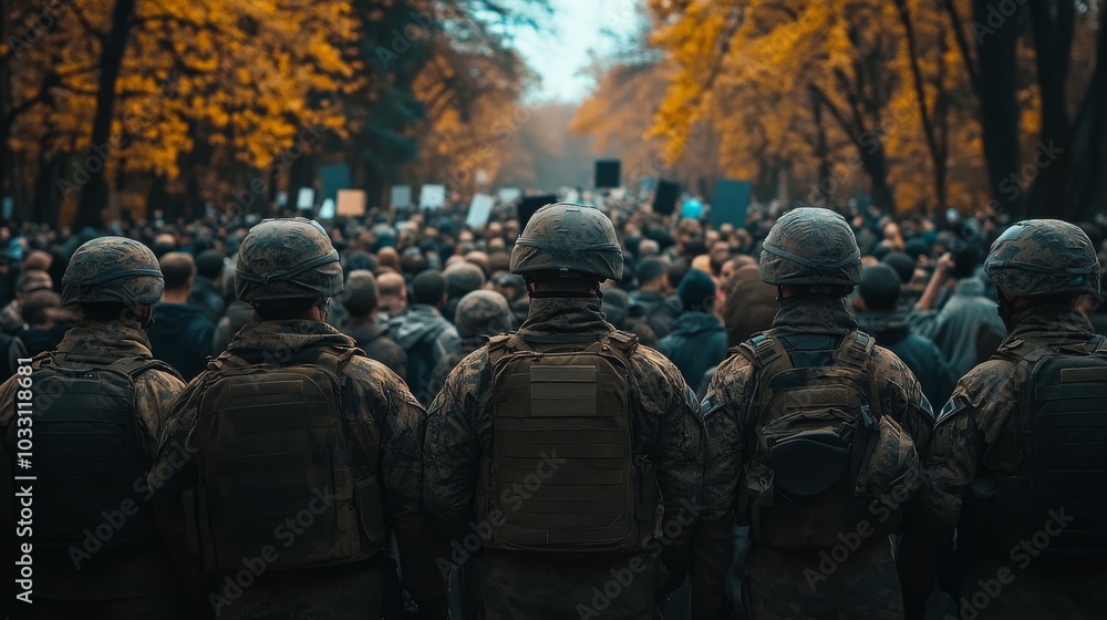 Soldiers face a large crowd in an autumn setting, where demonstrators hold signs, creating a tense atmosphere of protest and military presence. Soldiers face a large crowd in an autumn setting, where demonstrators hold signs, creating a tense atmosphere of protest and military presence.