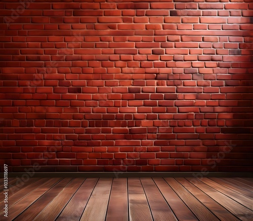 A spotlight illuminates a brick wall in a dimly lit, industrial loft. The wooden floor adds a rustic