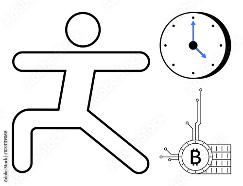 Simple stick figure in stretching pose next to a clock and a Bitcoin symbol. Ideal for fitness, time management, cryptocurrency, digital finance, health routines. Minimalist vector style