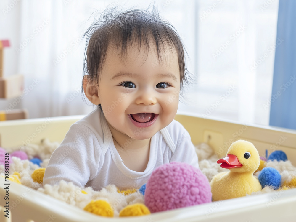 4 month latino baby tommy time in a sensory bin, the bin is full with rubble duck and pom pom ball. The background is white
4 month latino baby tommy time in a sensory bin, the bin is full with rubble duck and pom pom ball. The background is white