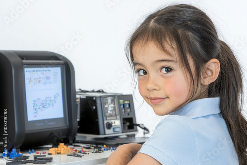 A American-asian children building robot. writing robot program with computer, afterschool club, scientist. female scientist photo