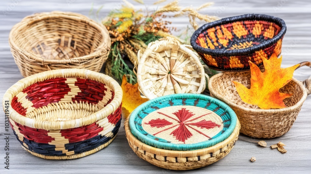 An Indigenous celebration scene, filled with dreamcatchers, woven baskets, and natural autumn elements, reflecting the rich cultural heritage of Canada. An Indigenous celebration scene, filled with dreamcatchers, woven baskets, and natural autumn elements, reflecting the rich cultural heritage of Canada.