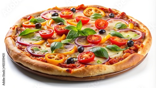 Wallpaper Mural A Freshly Baked Pizza Topped with Tomatoes, Peppers, Basil, and Olives on a Wooden Board Torontodigital.ca